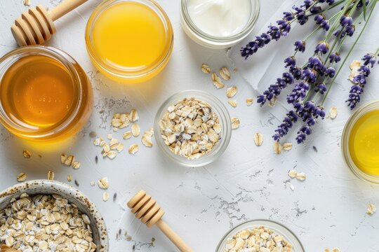 A vibrant flat lay of organic skincare ingredients like honey oats and lavender
