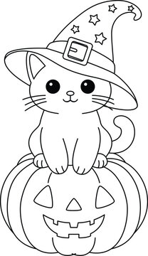 recommend clip art: The cute cat is sitting on  a Halloween pumpkin coloring page