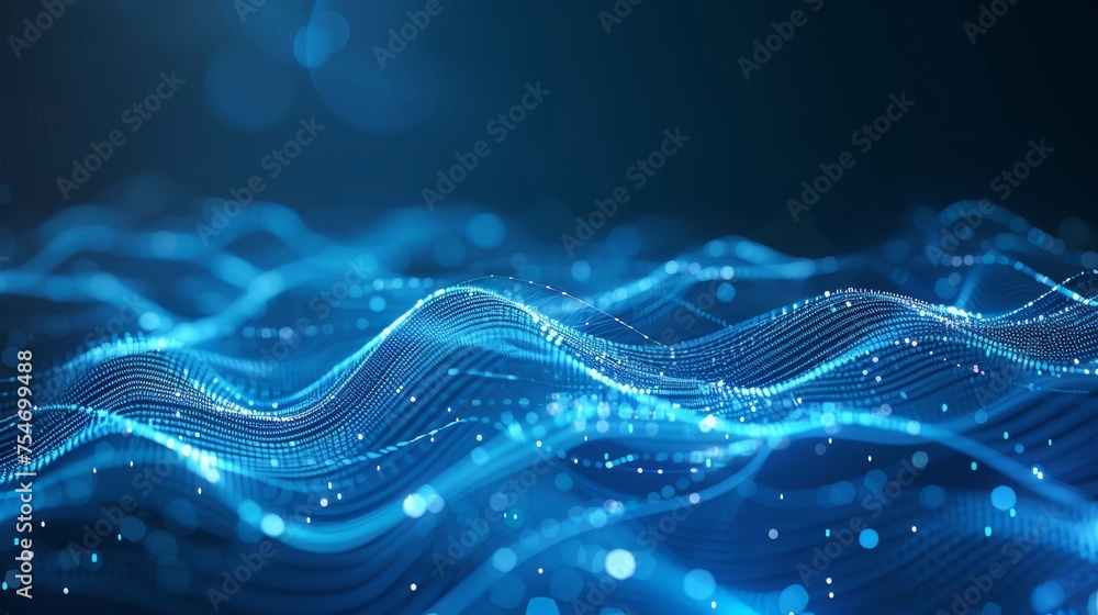 Wall mural abstract blue tech background with digital waves, dynamic network system.