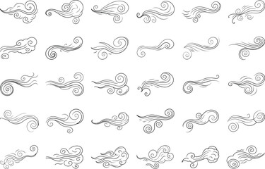 Black Doodle wind line sketch set. Hand drawn doodle wind motion, air blow, swirl elements. Sketch drawn air blow motion, smoke flow art, abstract line. Isolated vector illustration