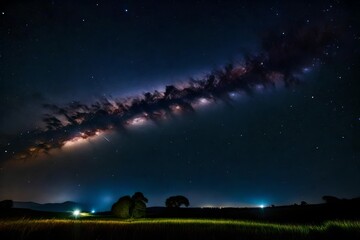 Milky way stars, shooting stars and countryside silhouettes photographed with wide angle lens.