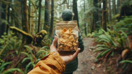 Individual holding a clear snack bag with the forest's urgency and mist-filled air providing a mysterious ambiance