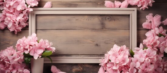 A wooden picture frame is surrounded by a variety of pink flowers, including magnolias, roses, and...