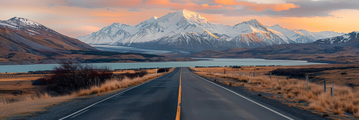 empty road with mountains and lake background at sunset ora sunrise, banner  - obrazy, fototapety, plakaty