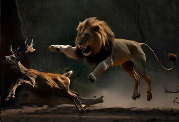 a large and majestic lion leaps to capture a fleeing gazelle
