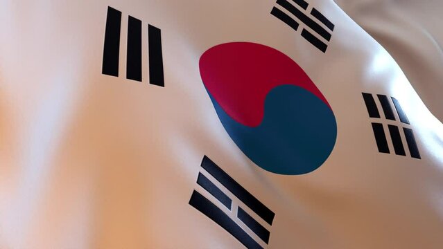 South Korea Flag Waving South Korean Flag with detailed texture side angle close-up - 3D render