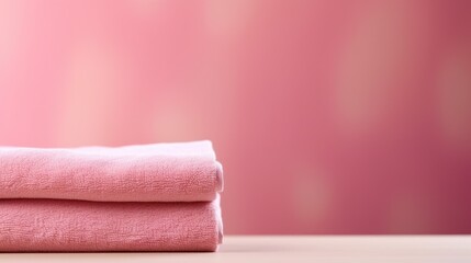 Pink cotton towels on a pink background. Bathroom decor and accessories.