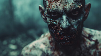 a portrait of Angry bloody zombie man with blood and wound on his body