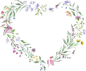 Watercolor floral heart. Hand drawn illustration isolated on transparent background. Vector EPS.