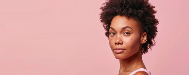 A woman with curly hair is standing in front of a pink background. She has a serious expression on her face