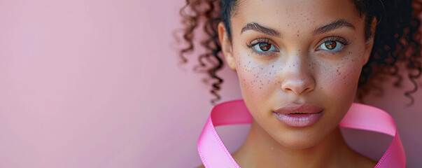 A woman with a pink ribbon around her neck. She has a light skin tone and dark hair