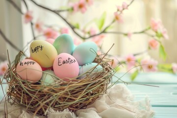 Colorful Easter Egg Basket Family. Happy easter Event bunny. 3d Marigold garlands hare rabbit illustration design. Cute Celadon festive card floral arrangement with copy space wallpaper backdrop