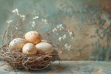 A nest of eggs with flowers in the background. The eggs are white and speckled, and the flowers are yellow and white. Concept of warmth and comfort, as the eggs