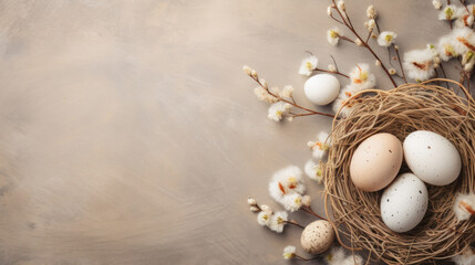 A nest of eggs is surrounded by flowers and twigs. Concept of warmth and comfort, as the nest provides a safe