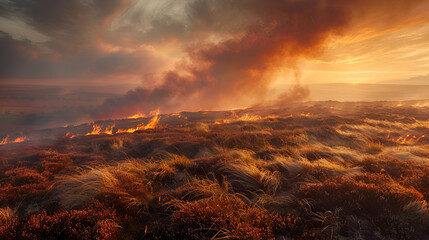 Burning heather as management of moorland Yorkshire, generative ai - obrazy, fototapety, plakaty