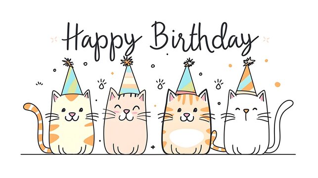 Cute Line Art Illustration of cats wearing party hats with happy birthday message