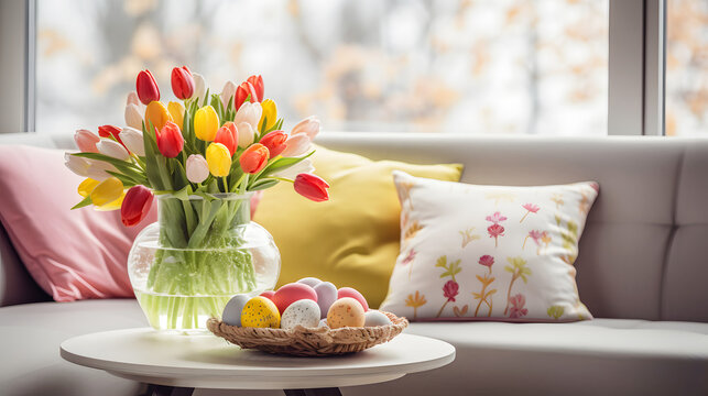 A harmonious room with fresh-cut tulips in glass vase and multicolored Easter eggs in a cozy environment