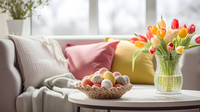 Bright and homely Easter-themed image captured indoors with a focus on tulips in a vase and basket of eggs