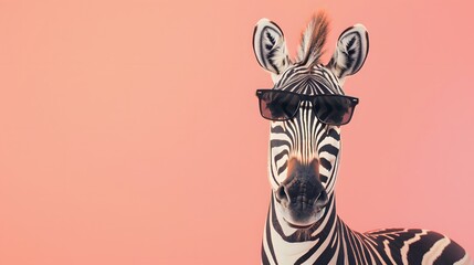 Fototapeta premium Zebra with sunglasses isolated on solid pastel background, commercial, editorial advertisement, surreal surrealism 