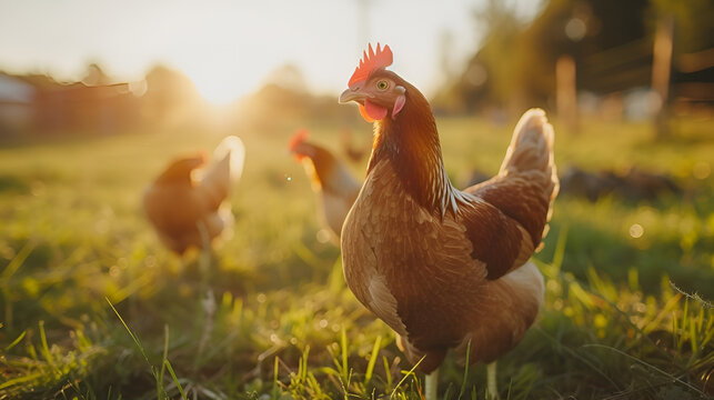 Chickens on traditional free range poultry farm, generative ai