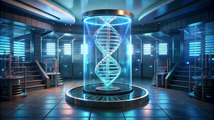 A transparent holographic display showcasing a DNA double helix structure alongside its corresponding genetic code in a sleek, futuristic laboratory.