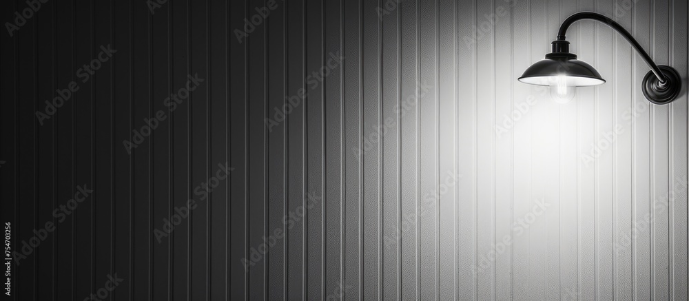 Poster a black and white composition showcasing a lamp affixed to a wall, emitting light and casting shadow