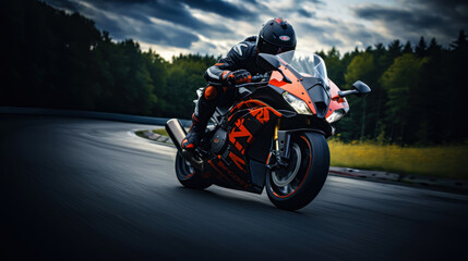 Photo of a rider on a sports motorcycle on an asphalt road. An atmosphere of speed and power. Generative AI - obrazy, fototapety, plakaty