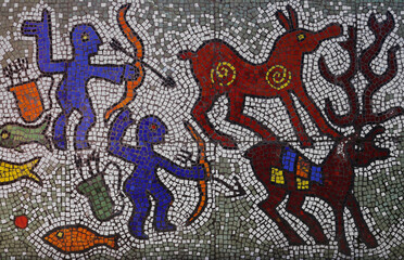 Cave mosaic art pattern made of ancient wild deers animals, horses and hunters. Hunting scenes. palaeolithic Petroglyphs carved in rocks. ancient people get food. shooting arrows from a bow.