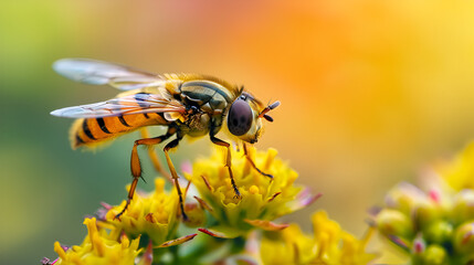 Close up shot of a vibrant Hoverflies perched on a plant, generative ai
