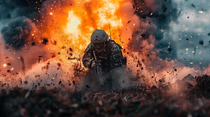 Foto op Plexiglas A combat-ready soldier advances with determination amidst debris and flames from an explosion.. © Varunee