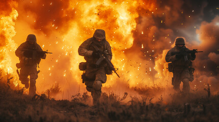 A squad of dedicated soldiers pushes forward in the midst of a fiery explosion on rough terrain.. - obrazy, fototapety, plakaty