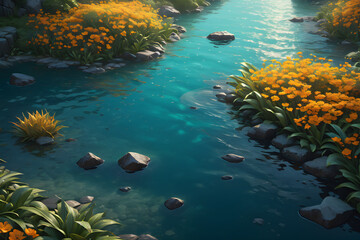 river and yellow flowers, blue water, waves, stones