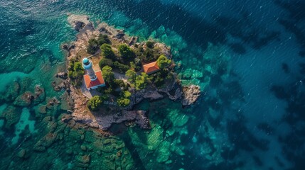 Fototapeta na wymiar An aerial view of a lighthouse on an island in the sea