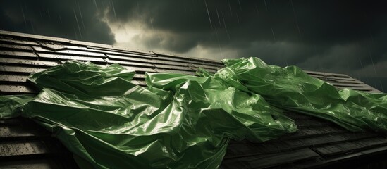 A pile of green bags sits atop a roof, protecting it from damage caused by a hailstorm. The bags shield the roof from further harm after being struck by a thunderstorm.