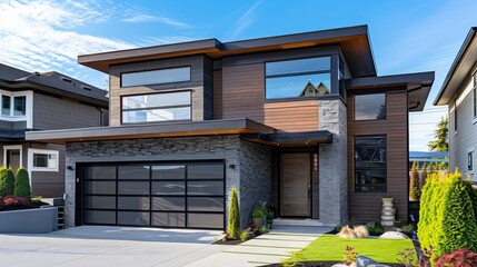 A street view of a modern suburban-style executive home. There is a concrete pathway, external walls with brown wood siding and grey brick, and a massive solid black metal garage door