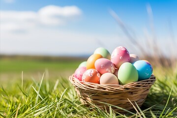 Happy easter. colorful pastel eggs in wicker basket on fresh green meadow background