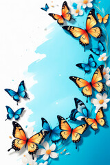 Fototapeta na wymiar Colorful fluttering delicate butterflies flying and blue splashes.