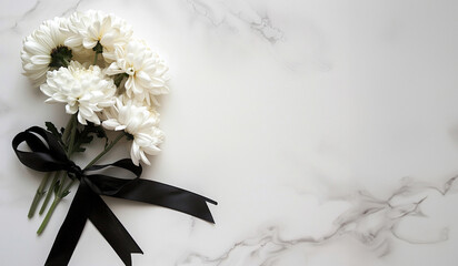 Solemn chrysanthemum arrangement black ribbon detail on white for sympathy cards with text space