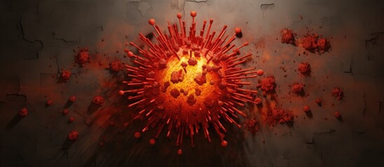 A close-up view of a red and yellow spiky object, resembling a corona virus, attached to a wall. The object stands out against the plain background, drawing attention to its vibrant colors and unique