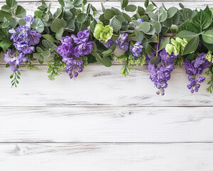 Artistic AI floral arrangement featuring purple and green flowers white wooden wall background with text space