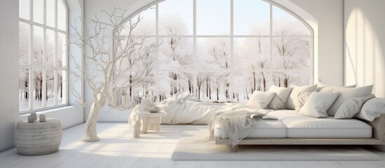 A white living room featuring a large window and a white couch. The room is designed in a Scandinavian interior style, with clean lines and minimalistic decor.