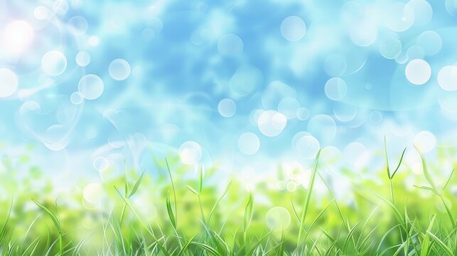  Beautiful blurred background green grass under blue skies 