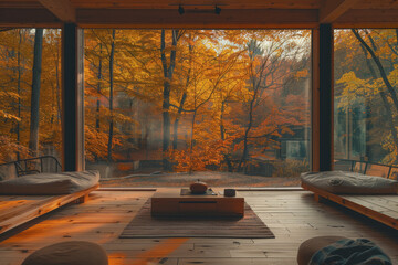 Cozy and comfortable minimalist living room, by the floor-to-ceiling window. - obrazy, fototapety, plakaty