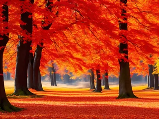 Deurstickers A colorful autumn landscape with trees displaying a range of vibrant red, orange, and yellow hues. © Best design template