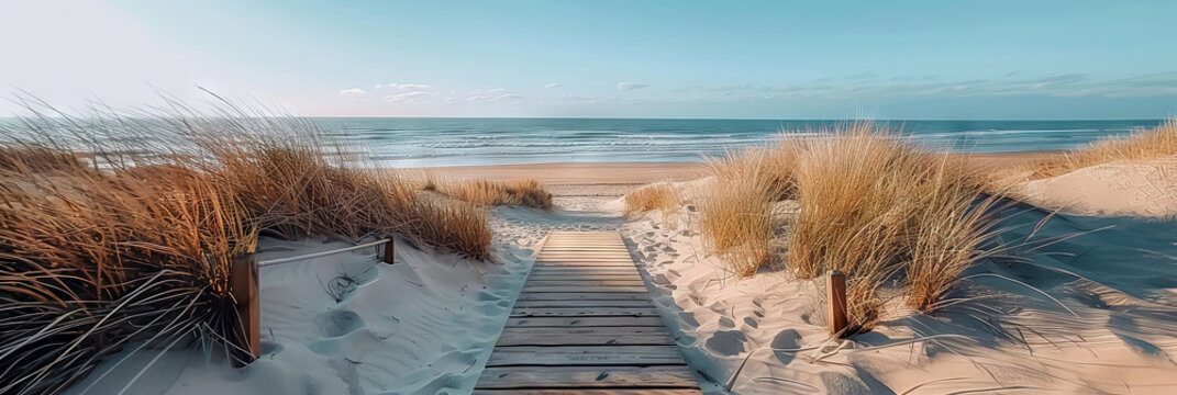 A wooden walkway leading to the beach, surrounded by dunes and grasses under a clear blue sky,