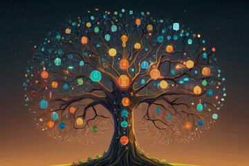 Fototapeta na wymiar The Data Tree. Fusion of finance and technology, a mystical concept. Abstract imagery for tech and finance themes. 