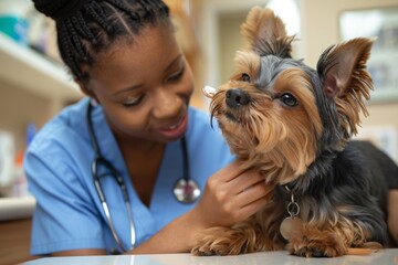 Caring African American woman veterinarian giving ear medicine to cooperative terrier - obrazy, fototapety, plakaty