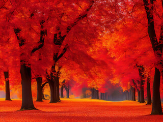 A colorful autumn landscape with trees displaying a range of vibrant red, orange, and yellow hues.