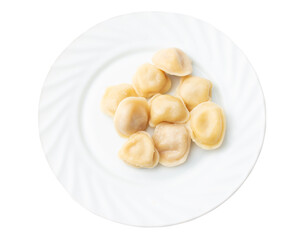 Boiled dumplings in a plate isolated on a white background. View from above