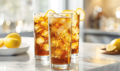 long island iced tea displayed on a glass. cocktail alcohol photography product.